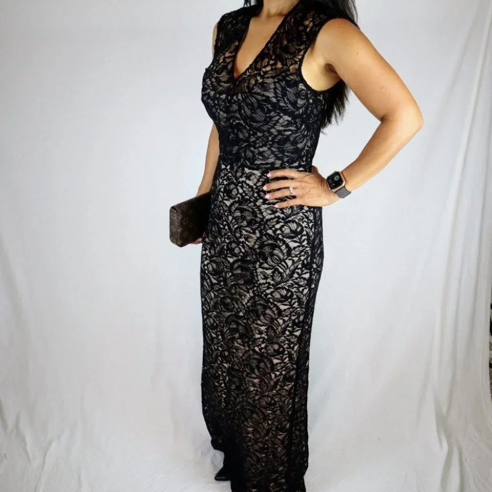 Theia A Night To Remember Black Lace Formal Gown $995 - Picture 6 of 12